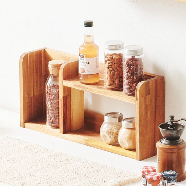 Wooden shelf spice rack kitchen dining table storage 2-tier partition display case_KROWNeA18141