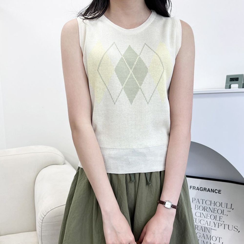 Women's Summer Argyle Knit Vest 1P Round Neck Vest Vest_KROWNaA45703