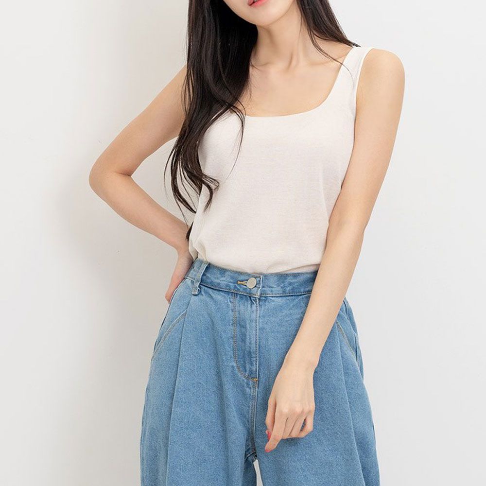 Square neck women's sleeveless summer knit tank top daily tee_KROWNaA41327