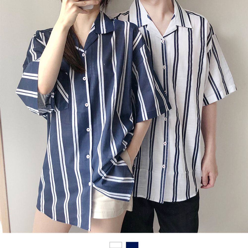 Striped linen overfit couple shirt couple men’s wear_KROWNaA38073