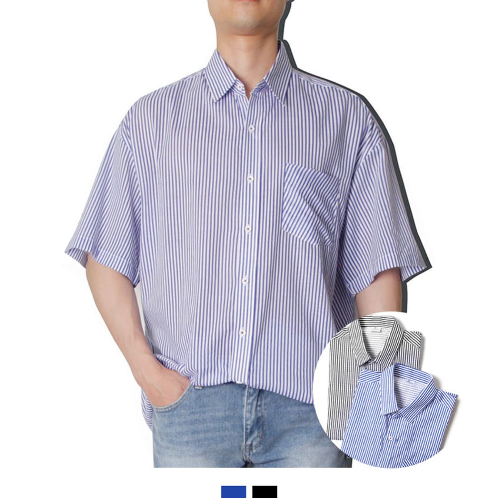 Overfit striped linen men's short sleeve shirt 2 colors_KROWNaA35654