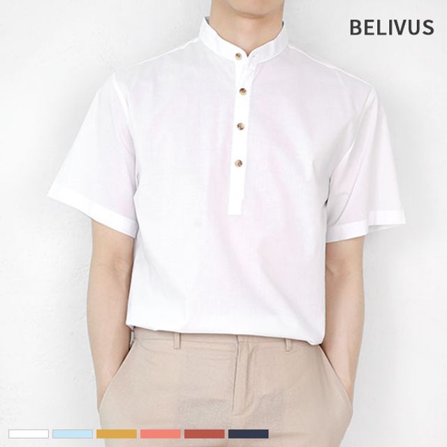 Believers Men's Short Sleeve Shirt BMS014 Plain Henry Neck Southern Shirt_KROWNaA17088