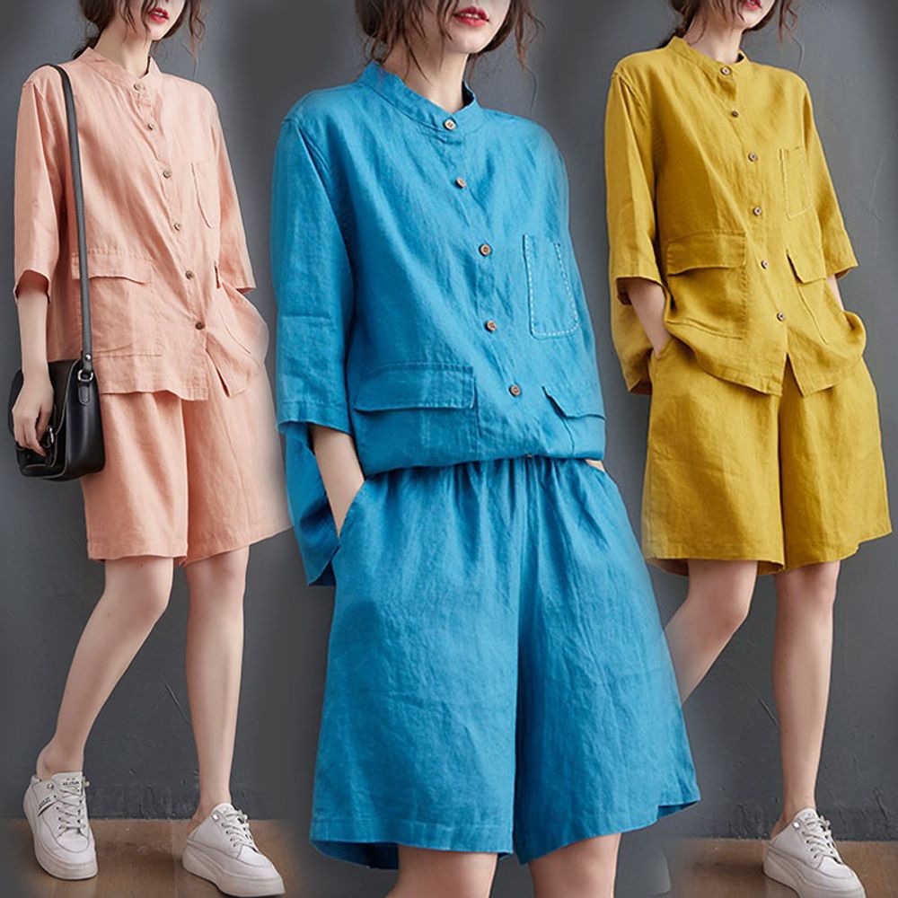 7582 China collar top and bottom short sleeve set 3 colors_KROWNaA16790