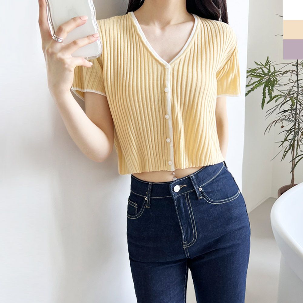 2L-CBB 1042 Women’s V short sleeve ribbed knit cardigan_KROWNaA00758