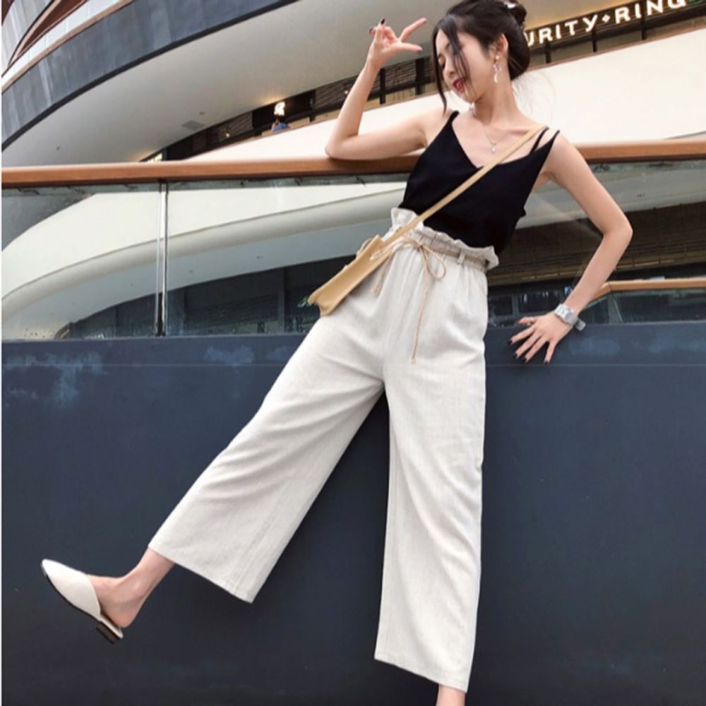 String high waist pants/high waist wide pants/long pants/_KROWNaA05873